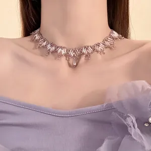 Vintage Hofstil Lila Glasperlen Choker Mit Wassertropfen Künstliche Perle Anhänger Elegante Spitze Halskette Für Damen