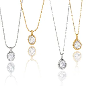 Set di collane in acciaio inossidabile con pendenti in zirconia ovali e a goccia in oro e argento.