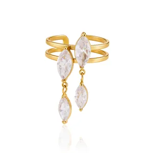 Elegant adjustable gold stainless steel ring featuring marquise zircon stones and dangles