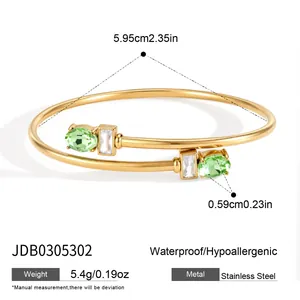Detailansicht eines goldenen Edelstahl-Federarmbands mit grünen Zirkonia und Maßen.