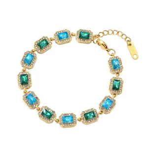 Elegante vintage roestvrijstalen armband met vierkante meerkleurige zirkonia en ketting