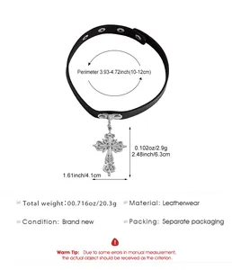 Product specifications and detailed dimensions for gothic engraved cross leather choker necklace