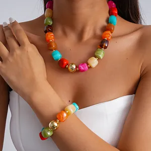 Chunky acrylic marble geometric necklace and bracelet set in multi-color retro fashion