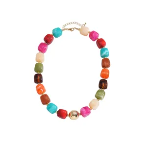 Vintage colorful chunky acrylic marble geometric bead choker necklace for women