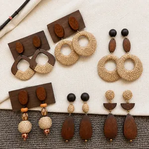 Bohemian Raffia Hand Woven Geometric Round Wood Drop Earrings For Women Silver Earring Post Vacation Style Fashion Jewelry
