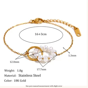 Detailed dimension diagram for 18K gold stainless steel pearl bracelet