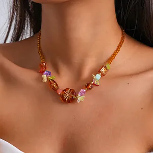 Collier Pendentif Fleur en Perles d'Acrylique Vintage pour Femmes Fait à la Main Esthétique Colorée Ras du Cou Bijoux