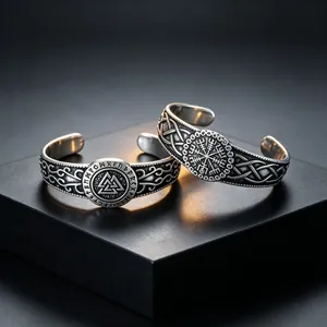 Vintage Viking Valknut Vegvisir Rune Manchet Armband Mannen Roestvrij Staal Keltische Knoop Armring Noorse Mythologie Sieraden