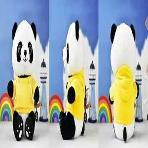 Driezijdige weergave van een panda knuffel in een levendige gele hoodie met details.