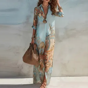 Bohemian style blue printed maxi dress set with elegant gold patterns and long sleeves