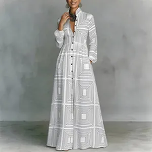 Full view of a stylish geometric pattern maxi dress with long sleeves and buttons.