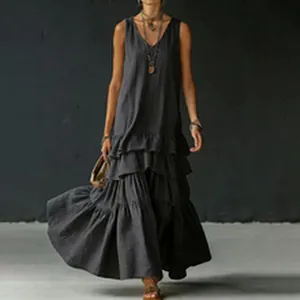 Detailed view of a dark grey sleeveless tiered linen maxi dress featuring a V-neck