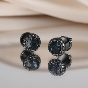 Vintage Ink Blue Zirconia Round Stud Earrings For Women Minimalist Luxury Geometric Copper Earrings Fashion Jewelry