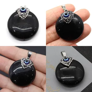 Flacher Runder Anhänger Aus Natürlichem Schwarzem Achat Mit Bösem Blick Strass Eingelegter Silberner Öse Für Halsketten Schmuckherstellung
