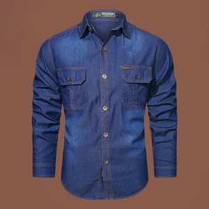 Close-up of blue long-sleeved denim shirt featuring chest pockets and button-up front.