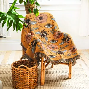 Bohemian Cotton Woven Blanket Tassels Bee Flower Eye Pattern Sofa Throw Camping Picnic Rug Wall Tapestry Retro Decorative