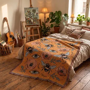 Artistic bohemian throw blanket with bee and poppy patterns in a cozy bedroom setting