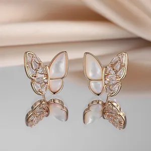 Elegant Butterfly Mother Of Artificial Pearl Stud Earrings Gold Plated Copper Zirconia Large Artificial Pearl Earring For Women Jewelry Accessory