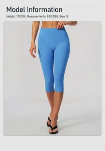 High-waisted blue yoga capris with soft brushed fabric for slim fit athletic wear.