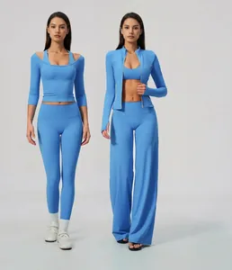 Visual layout showing a blue high-waist yoga outfit with matching leggings and jacket