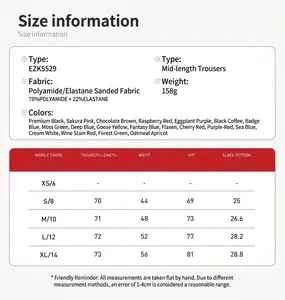 Detailed size chart for high-waisted yoga shorts with length, waist, and hip measurements.
