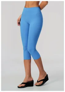 High waisted blue yoga capris with brushed fabric, perfect for fitness and running outdoor.