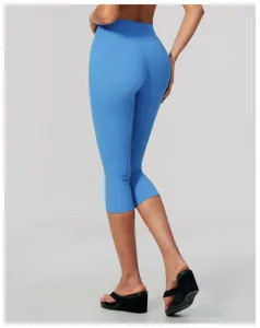 Detailed back view of blue high waist brushed yoga capris showing slim fit and fabric texture