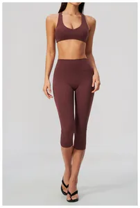 Professional high waist brushed yoga capris and sports bra set for women fitness gym