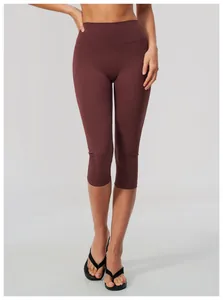 Front close-up of high waist brushed yoga capris in dark maroon for gym workout wear