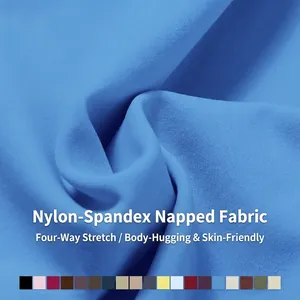 High-quality soft brushed blue yoga shorts fabric with 4-way stretch texture closeup