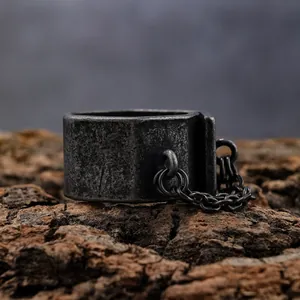 Vintage punk style men's ring featuring a chain detail and distressed metal finish