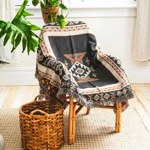 Cotton Woven Bohemian Blanket Tassels Geometric Pattern For Outdoor Camping Picnic Sofa Throw Retro Ethnic Style
