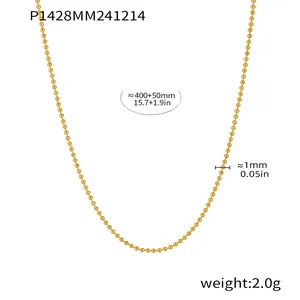 Vue détaillée du collier de perles en acier inoxydable doré, perles 1mm, poids 2,0g.