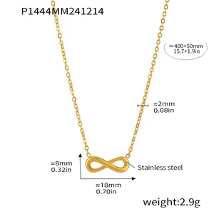 Détail montrant les dimensions et le poids du collier infini en acier inoxydable doré.