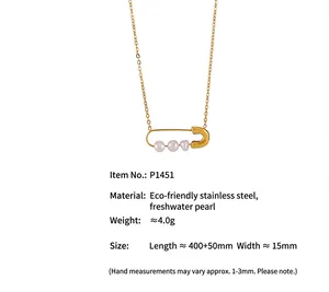 Spécifications détaillées d'un collier épingle à nourrice en acier avec perles d'eau douce.