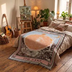 Jeté de lit tissé bohème motif tarot L'Étoile dans une chambre à coucher artistique