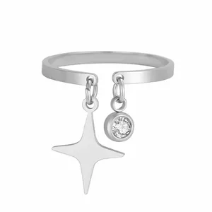 Silver stainless steel ring featuring dangling four-pointed star and round crystal charms.