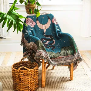 Bohemian Snake Moon Knitted Throw Blanket Cotton Tassel Decorative Mystical Starry Sky Retro Sofa Cover Camping Picnic