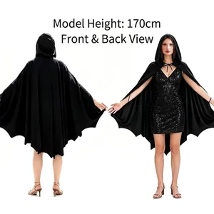 Cape à capuche chauve-souris noire pour cosplay d'Halloween, vues avant et arrière.