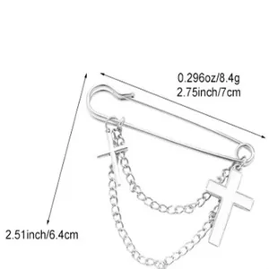 Detail view showing precise dimensions of silver punk safety pin brooch with cross charms