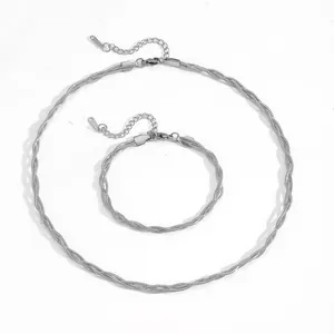 Silver stainless steel multi-strand braided snake chain necklace and bracelet set