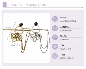 Detailed dimensions of vintage alloy octopus hair sticks with chain tassel ornaments