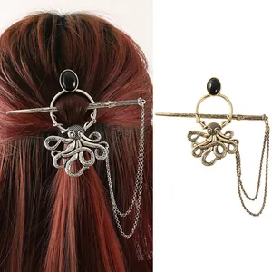 Unique vintage octopus alloy hair stick featuring dangling chains and black stone