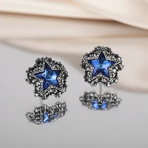 Vintage Dark Gothic Pentagram Star Stud Earrings For Women Blue Crystal Copper Rhinestone Black Tone Cool Jewelry