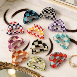 French Retro Checkerboard Hair Claw Clip Acrylic Imitation Acetate Butterfly Shape Non-Slip Hair Accessory For Women Girls