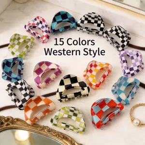 Premium set of 15 colorful checkerboard hair claw clips with various vibrant patterns