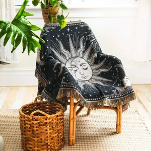 Coperta Intrecciata In Cotone Boho Motivo Sole Luna Stelle Nappine Camping Picnic Copridivano Arazzo Da Parete