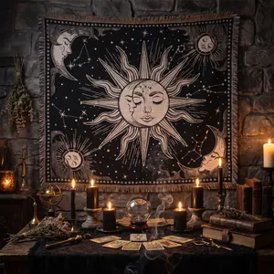 Coperta arazzo tessuta mistica sole e luna in un ambiente occulto stile bohémien