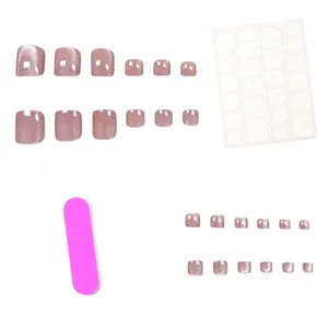 Complete set of cat-eye mauve press-on toenails with adhesive tabs and a pink file.