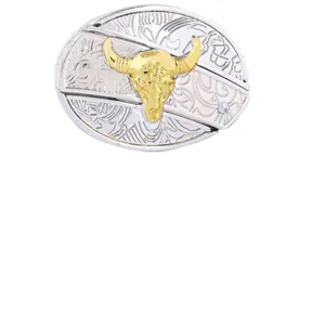 Antique silver and gold western cowboy bull skull belt buckle with a hidden blade